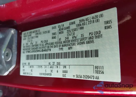 2019 Ford Escape Se из США, поврежденный, VIN 1FMCU0GD9KUB49279